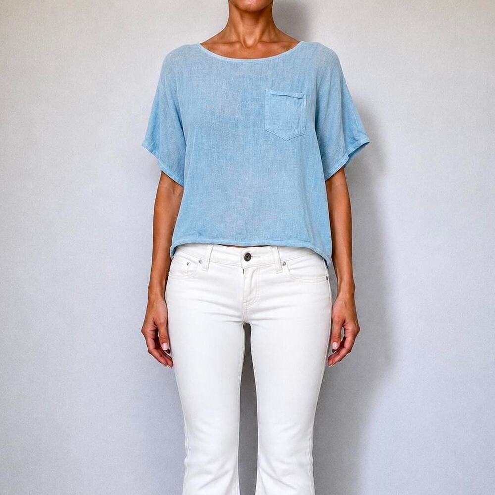 Vintage Italian Linen Blue Coastal Oversized Beachy Knit Top Made In Italy Sz M